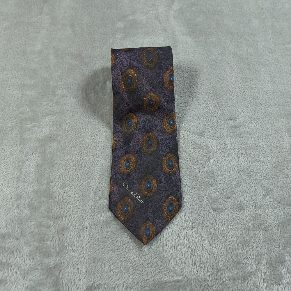 Vintage Oscar de la Renta Studio Tie Mens 90s Peacock Feather Old Money